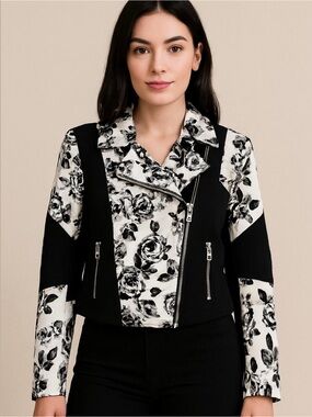 Aritzia Wilfred Black White Floral Montesson Moto Crepe Jacket - Sz 6